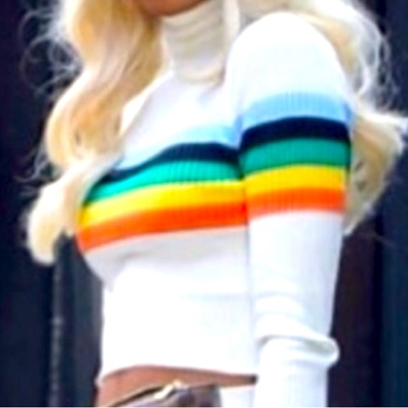 Stylish TurtleNeck Form Fitted Crop Rainbow Striped Rib Knit Long Sleeve Shirt - Picture 5 of 7